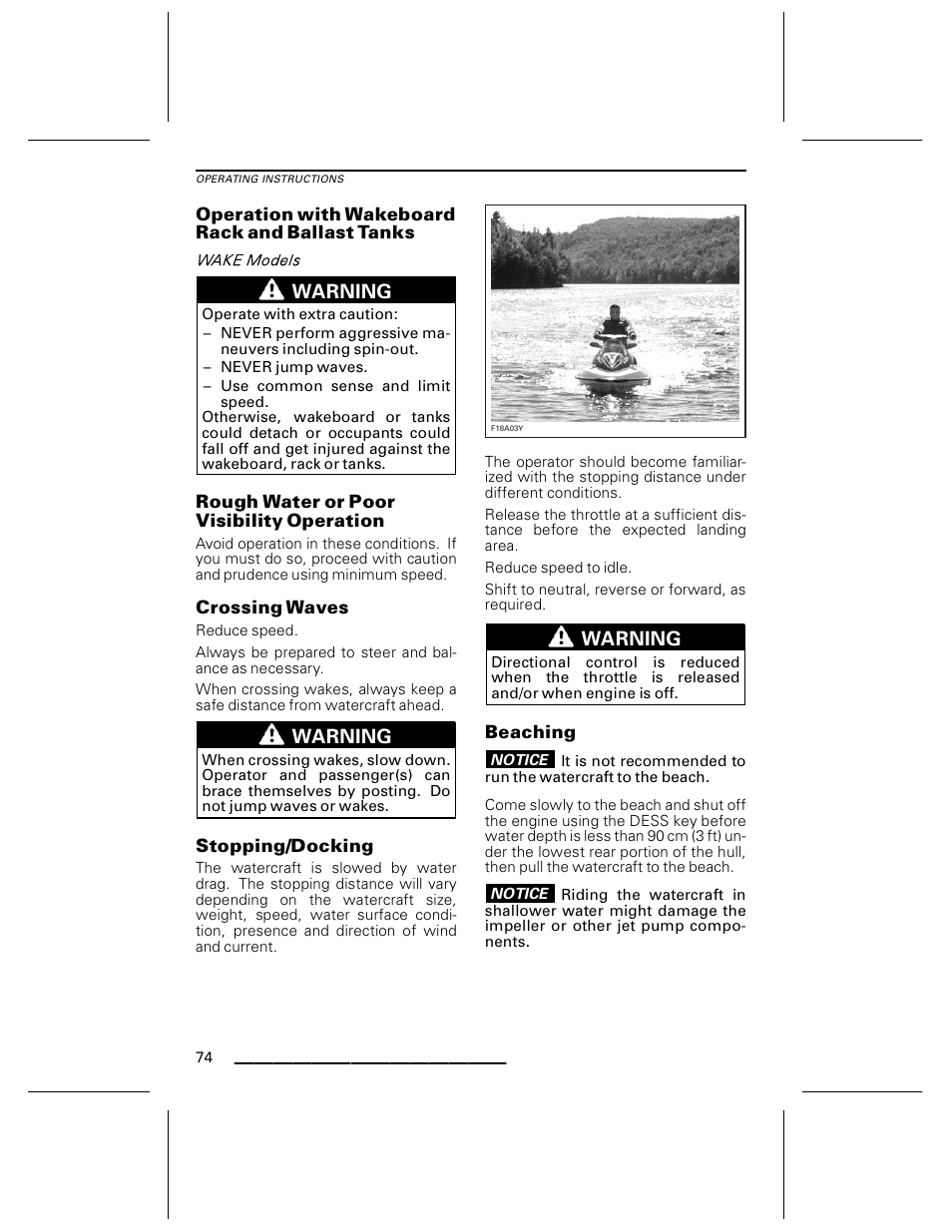 Operation with wakeboard rack and ballast tanks, Rough water or poor visibility operation, Crossing waves | Stopping/docking, Beaching | Ski-Doo WAKE Series User Manual | Page 76 / 148