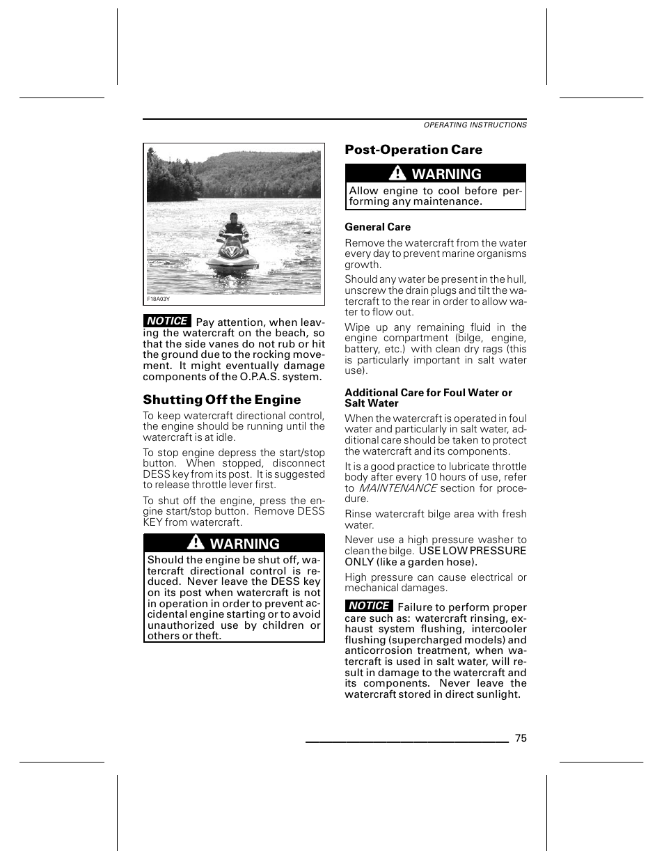 Shutting off the engine, Post-operation care, General care | Additional care for foul water or salt water | Ski-Doo WAKE Series User Manual | Page 77 / 148