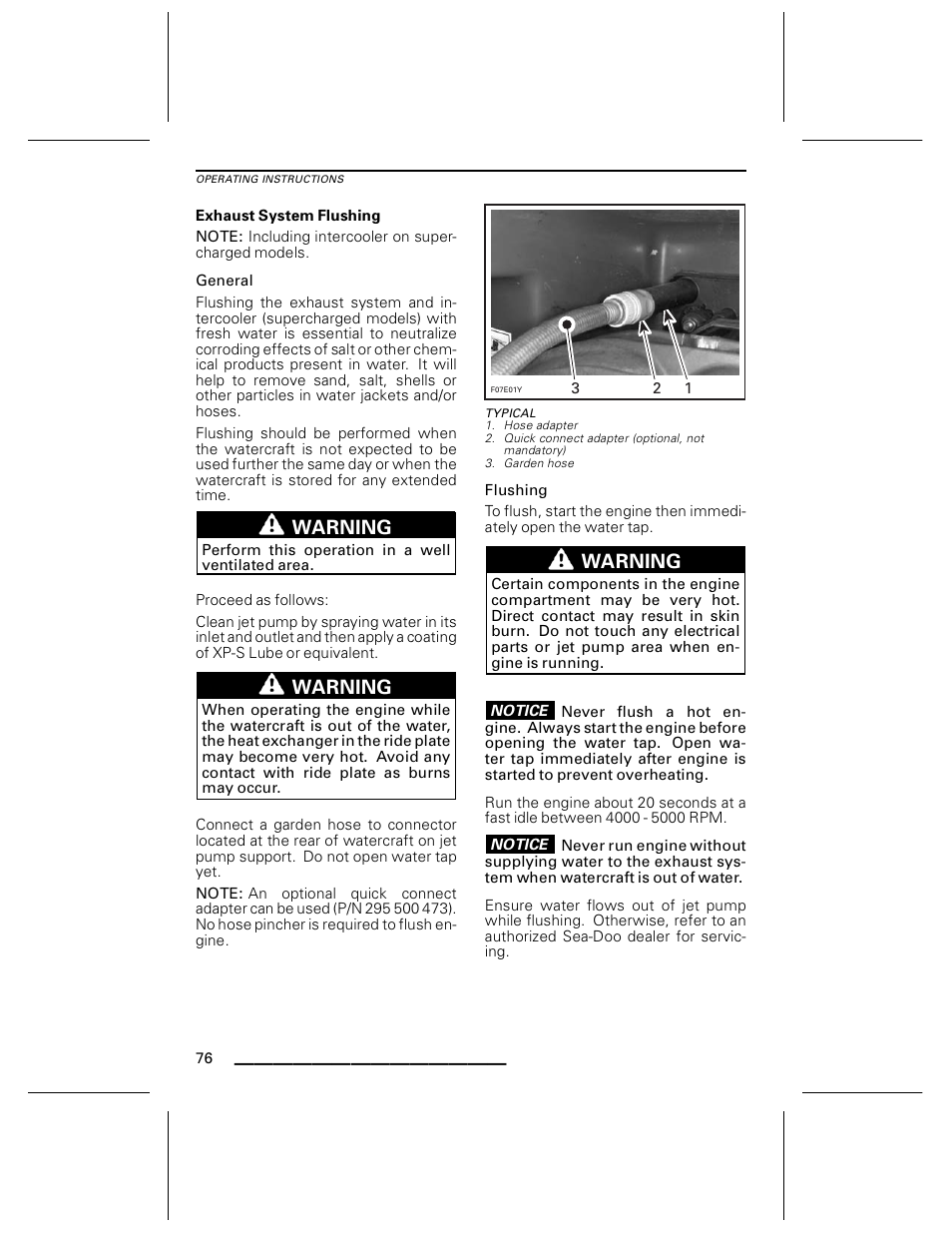 Exhaust system flushing, General, Typical | Flushing, Warning | Ski-Doo WAKE Series User Manual | Page 78 / 148