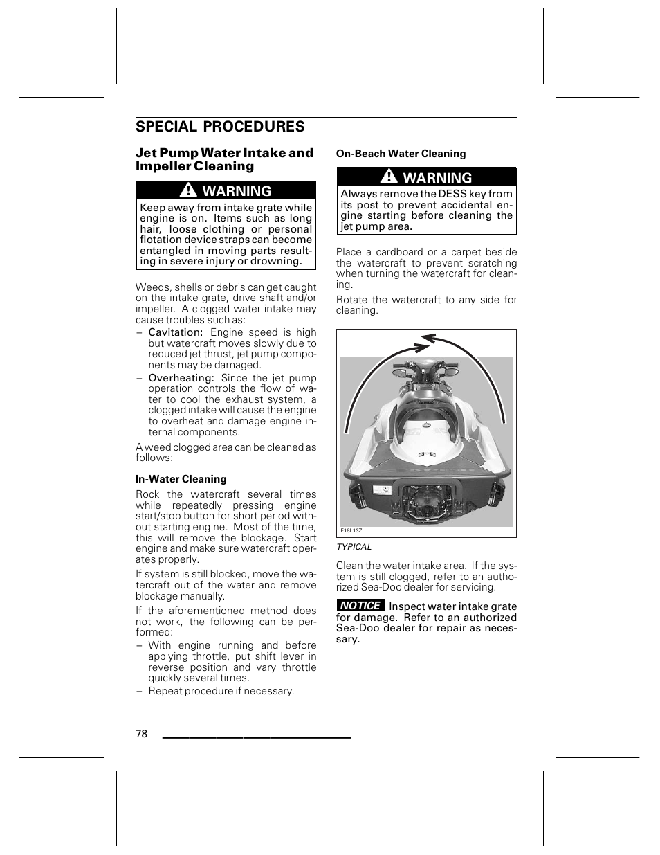 Special procedures, Jet pump water intake and impeller cleaning, In-water cleaning | On-beach water cleaning, Typical | Ski-Doo WAKE Series User Manual | Page 80 / 148