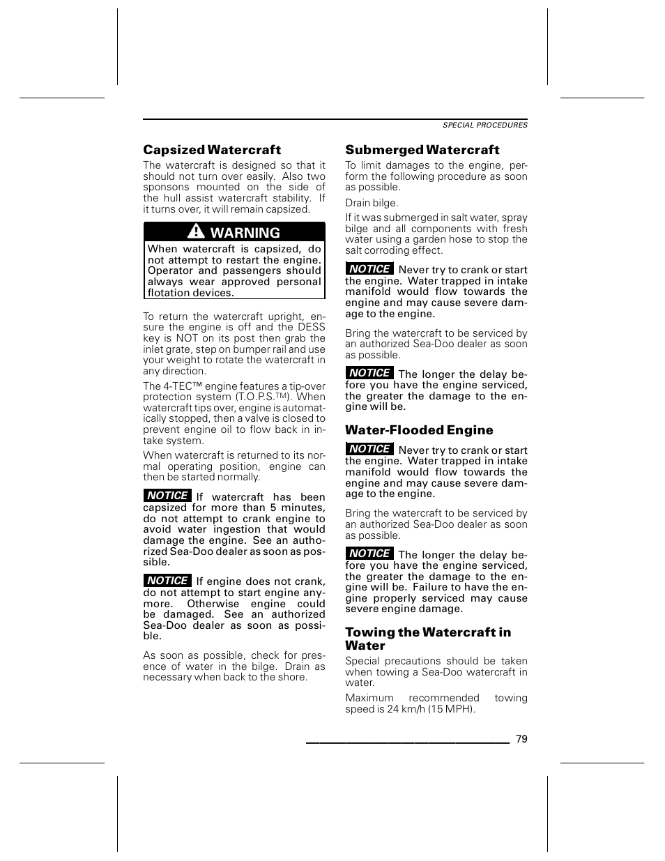 Capsized watercraft, Submerged watercraft, Water-flooded engine | Towing the watercraft in water | Ski-Doo WAKE Series User Manual | Page 81 / 148