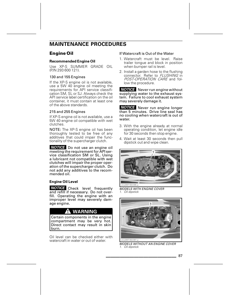 Maintenance procedures, Engine oil, Recommended engine oil | 130 and 155 engines, 215 and 255 engines, Engine oil level, If watercraft is out of the water, Models with engine cover, Models without an engine cover, Warning | Ski-Doo WAKE Series User Manual | Page 89 / 148