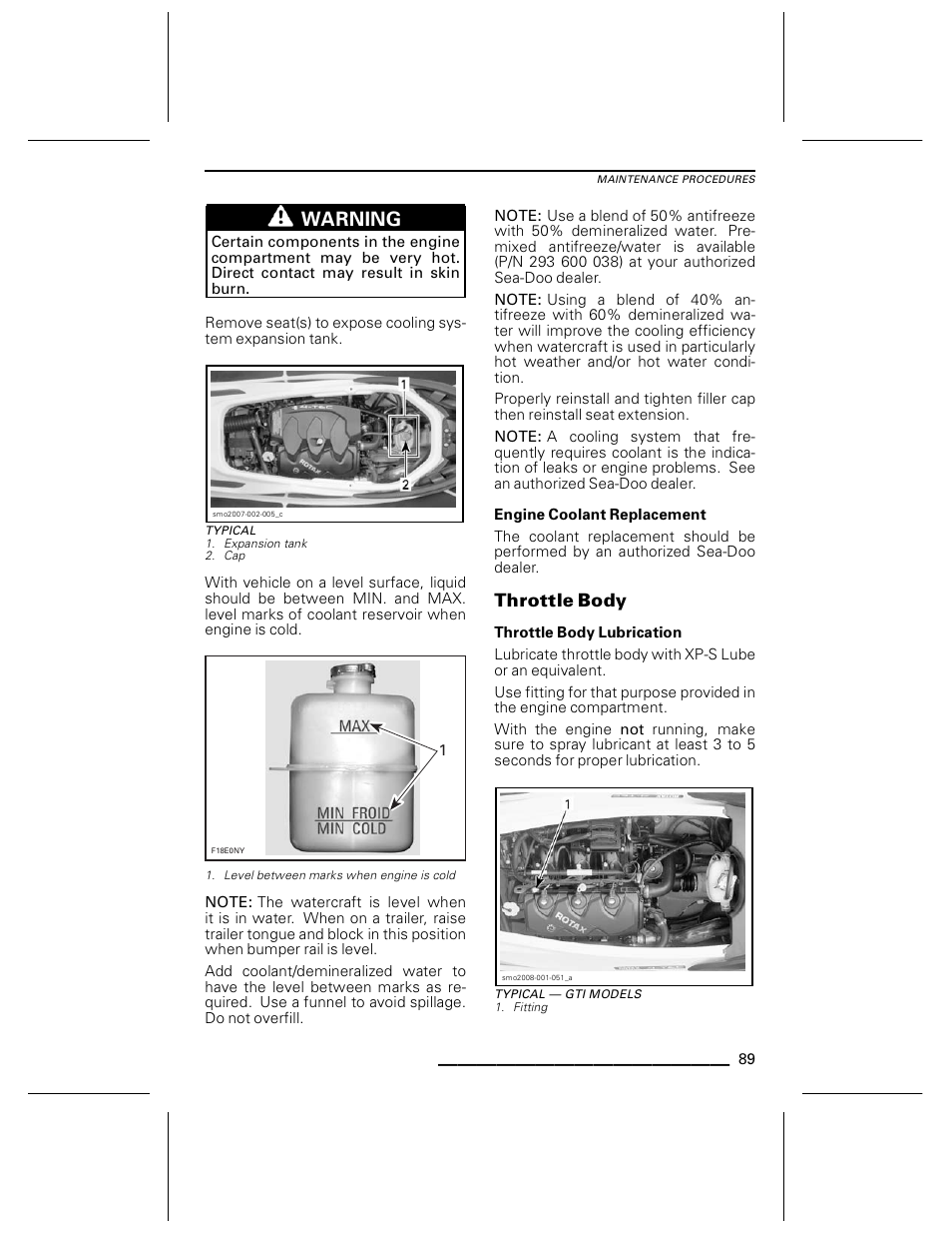 Typical, Engine coolant replacement, Throttle body | Throttle body lubrication, Typical — gti models, Warning | Ski-Doo WAKE Series User Manual | Page 91 / 148