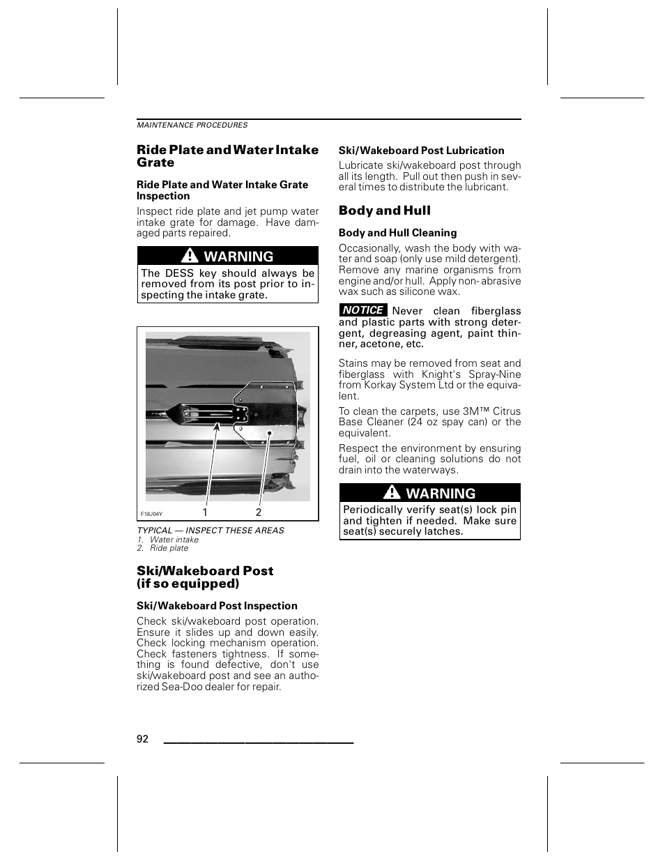 Ride plate and water intake grate, Ride plate and water intake grate inspection, Typical — inspect these areas | Ski/wakeboard post (if so equipped), Ski/wakeboard post inspection, Ski/wakeboard post lubrication, Body and hull, Body and hull cleaning | Ski-Doo WAKE Series User Manual | Page 94 / 148