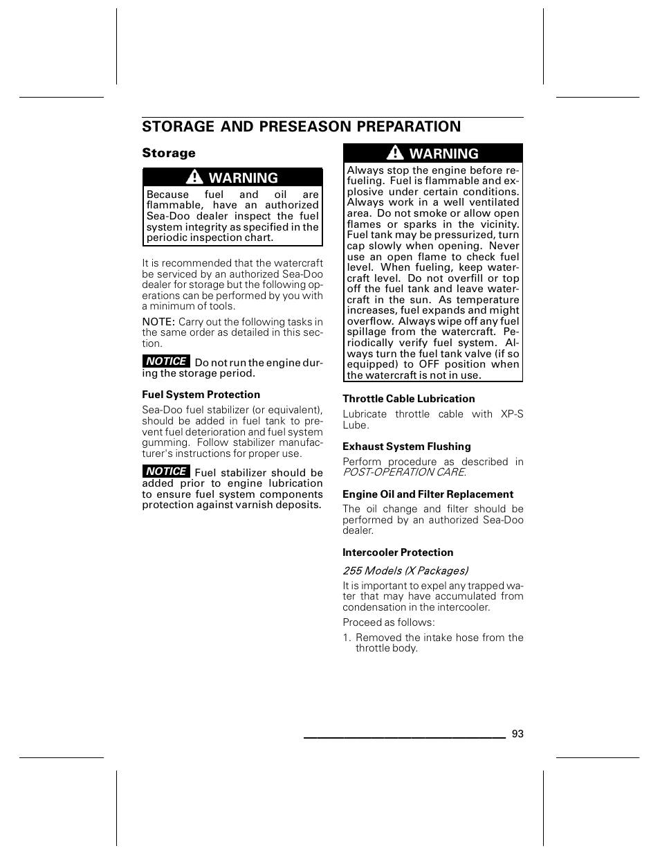 Storage and preseason preparation, Storage, Fuel system protection | Throttle cable lubrication, Exhaust system flushing, Engine oil and filter replacement, Intercooler protection | Ski-Doo WAKE Series User Manual | Page 95 / 148