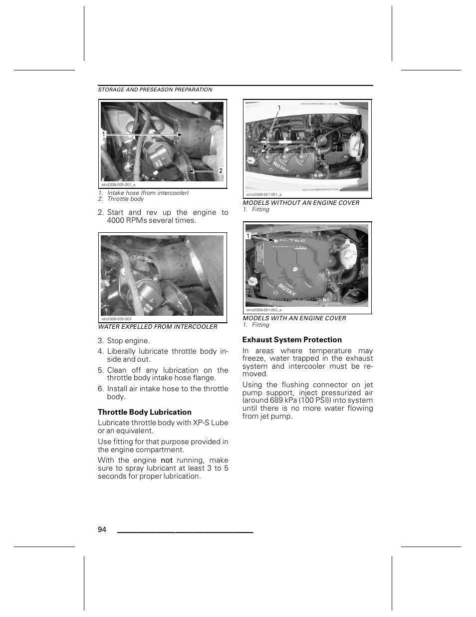 Water expelled from intercooler, Throttle body lubrication, Models without an engine cover | Models with an engine cover, Exhaust system protection | Ski-Doo WAKE Series User Manual | Page 96 / 148