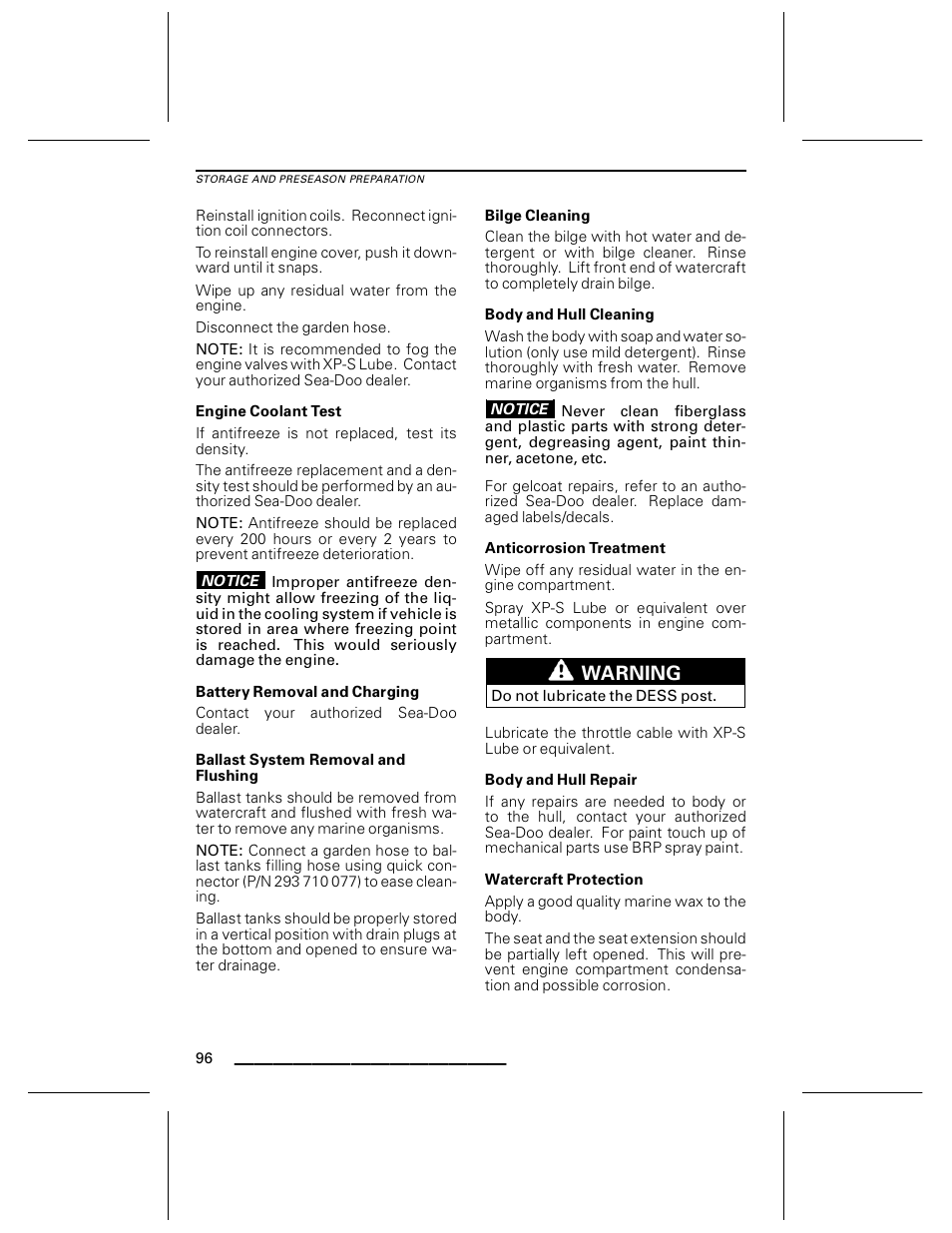 Engine coolant test, Battery removal and charging, Ballast system removal and flushing | Bilge cleaning, Body and hull cleaning, Anticorrosion treatment, Body and hull repair, Watercraft protection, Warning | Ski-Doo WAKE Series User Manual | Page 98 / 148