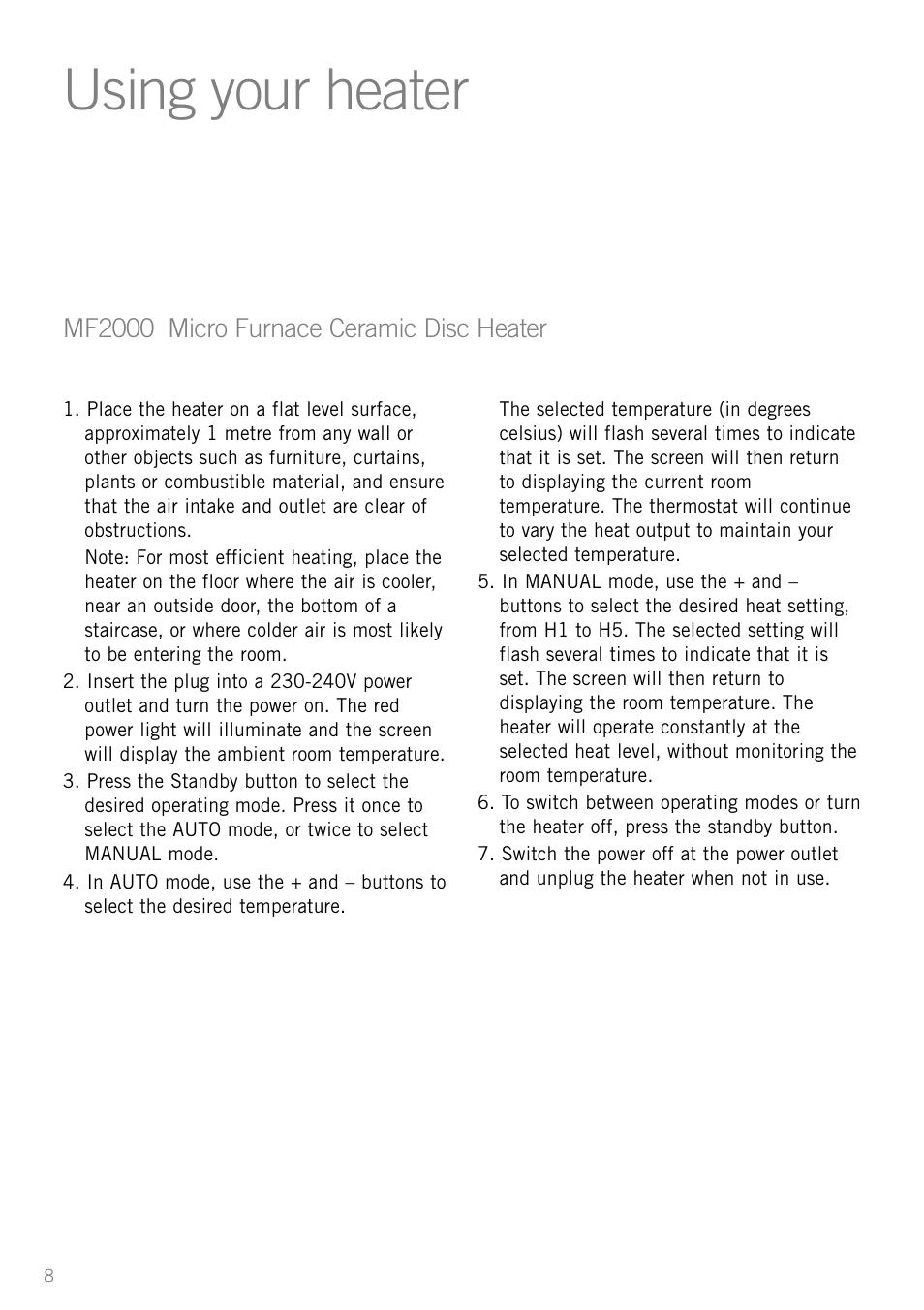 Using your heater, Mf2000 micro furnace ceramic disc heater | Sunbeam Bedding MF2000 User Manual | Page 10 / 12