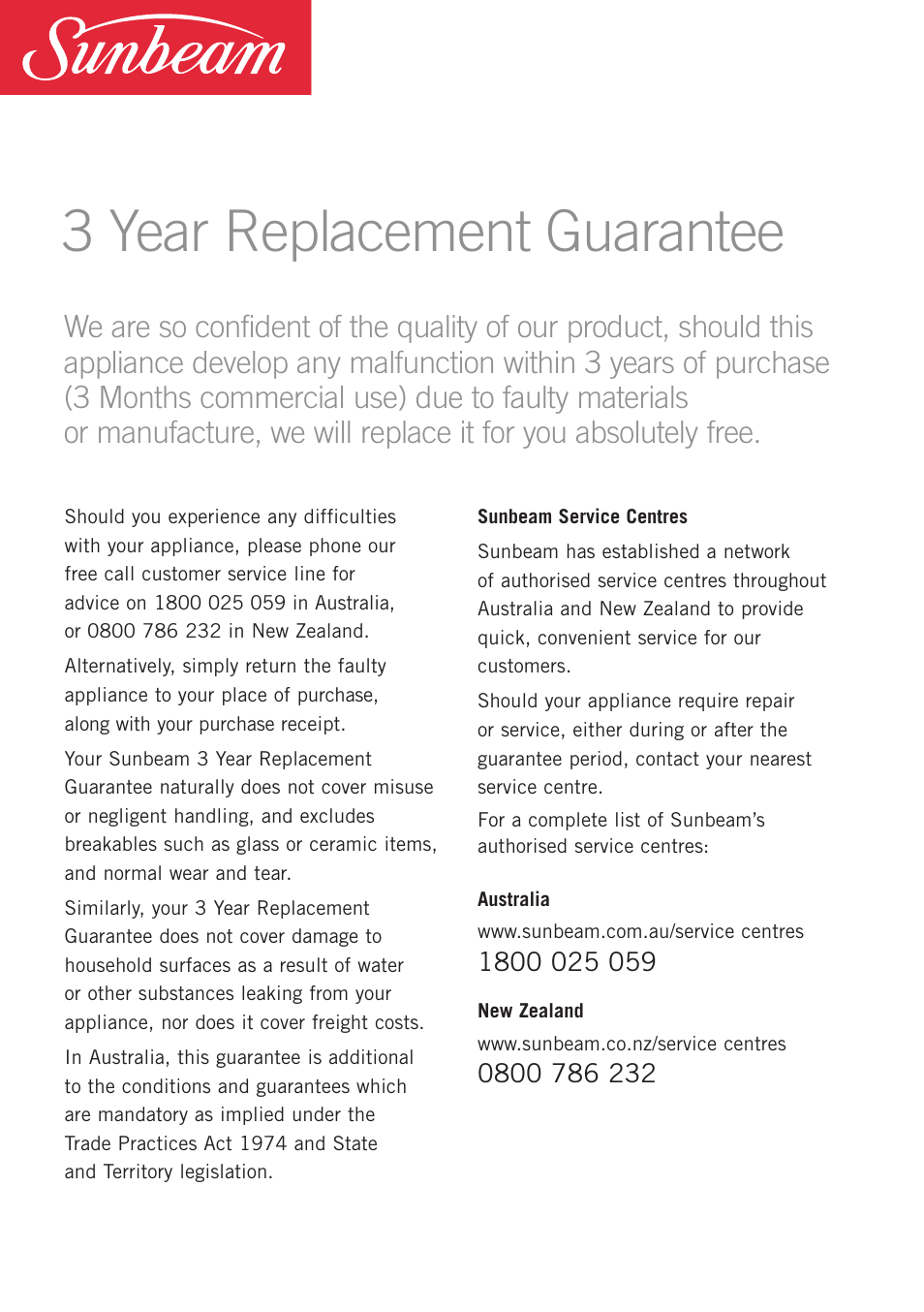 3 year repdace ent guarantee | Sunbeam Bedding MF1500 1500W User Manual | Page 12 / 13