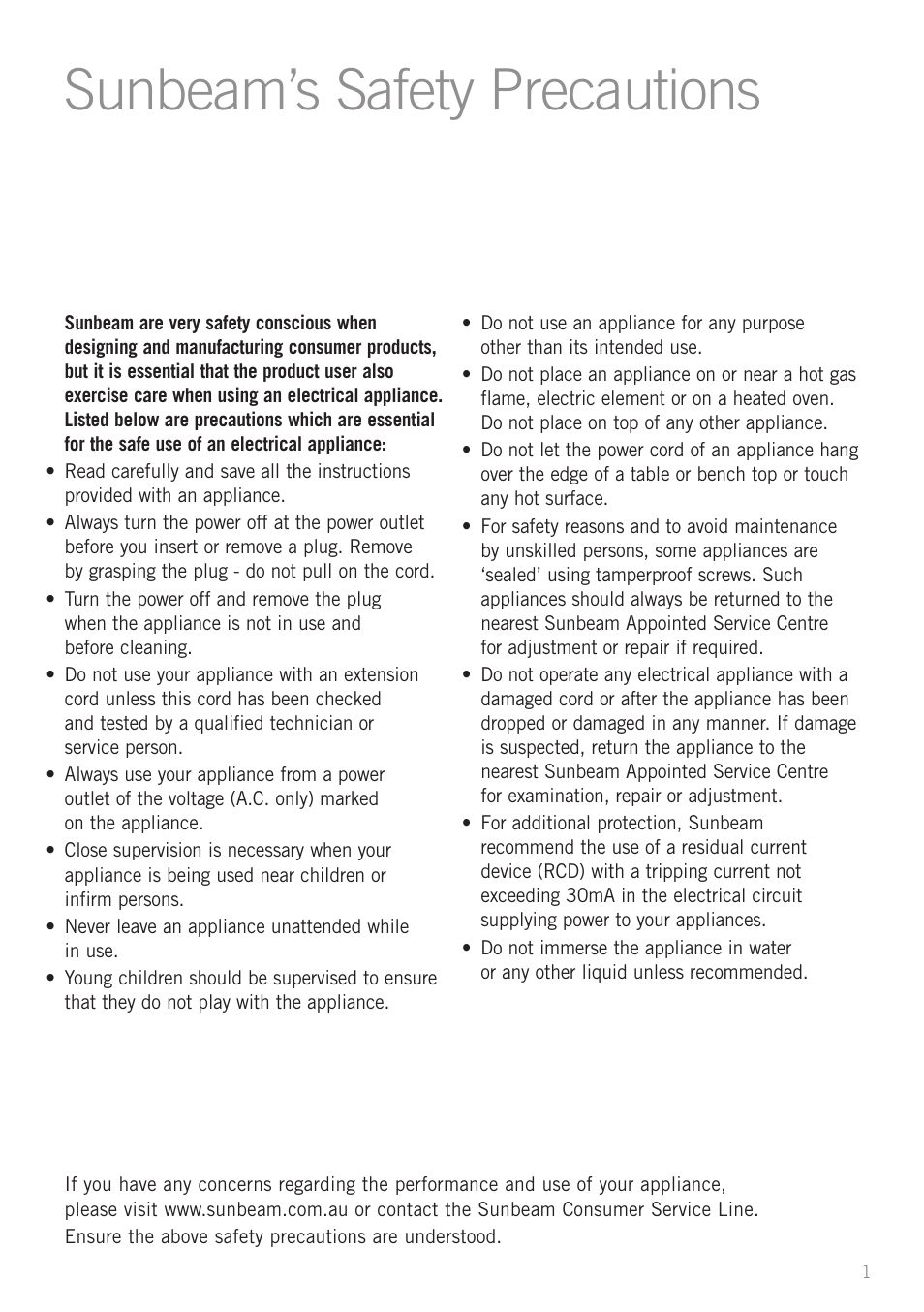 Sunbea ’s safety precautions | Sunbeam Bedding MF1500 1500W User Manual | Page 3 / 13