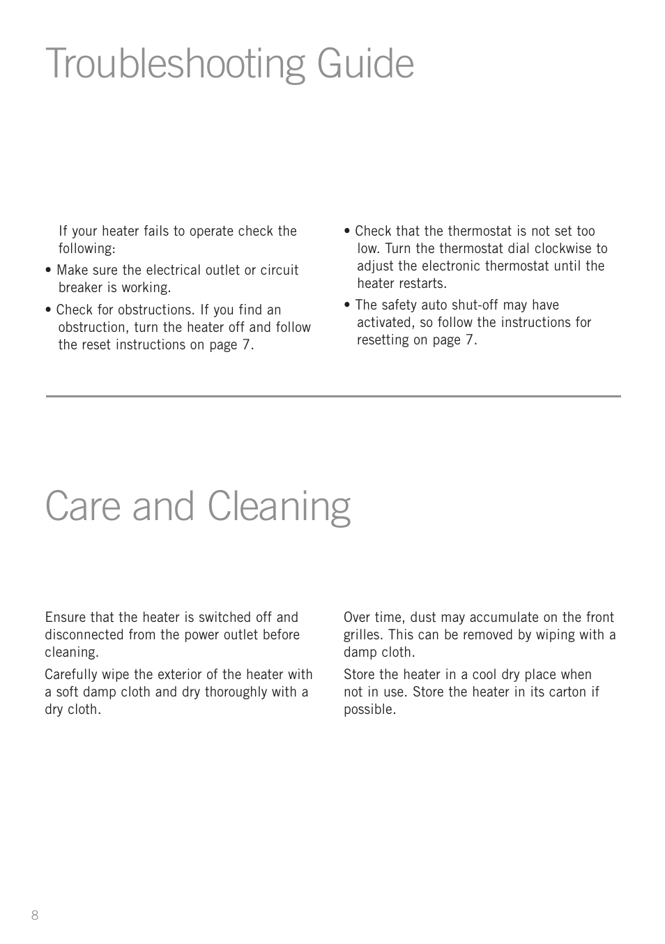 Troubleshooting guide, Care and cleaning | Sunbeam Bedding HE2100 User Manual | Page 10 / 12