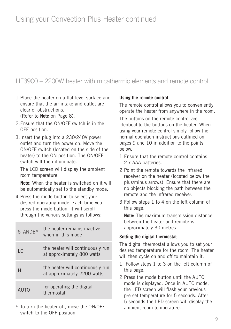 Using your convection plus heater continued | Sunbeam Bedding HE3100 User Manual | Page 11 / 16