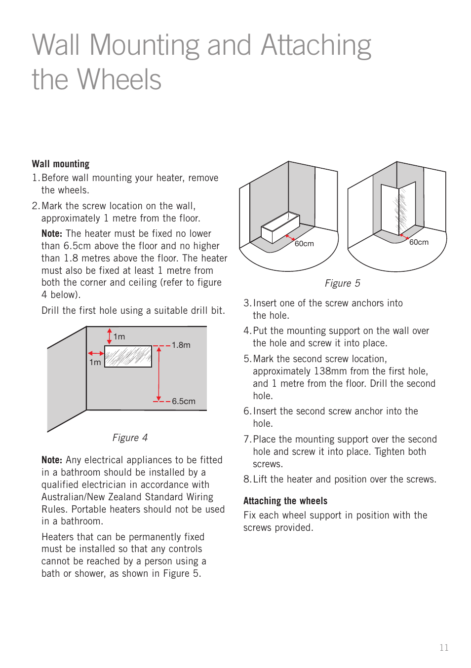 Wall mounting and attaching the wheels | Sunbeam Bedding HE3100 User Manual | Page 13 / 16