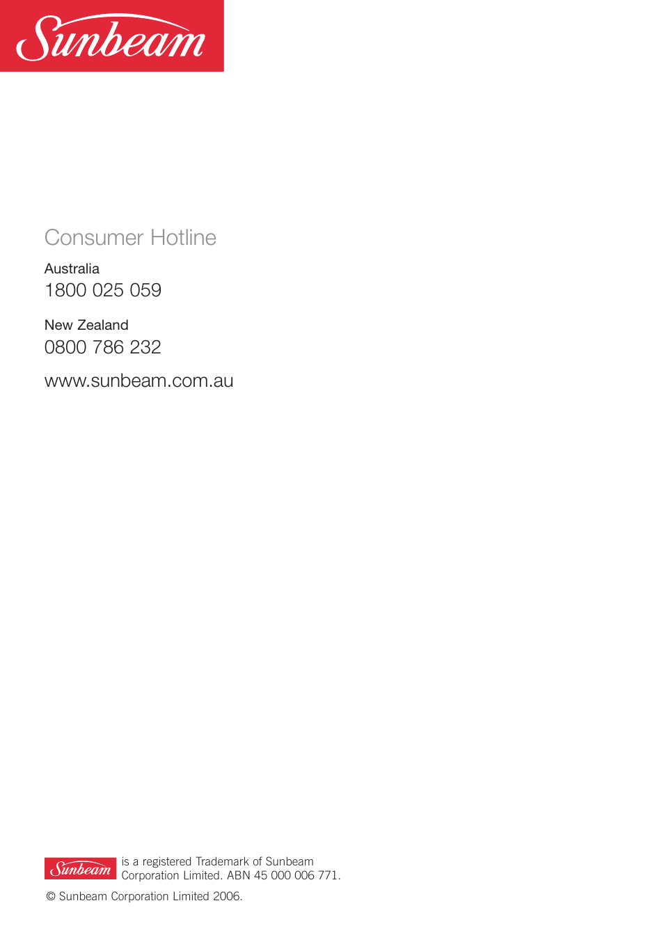 Consumer hotline | Sunbeam Bedding HE3100 User Manual | Page 16 / 16