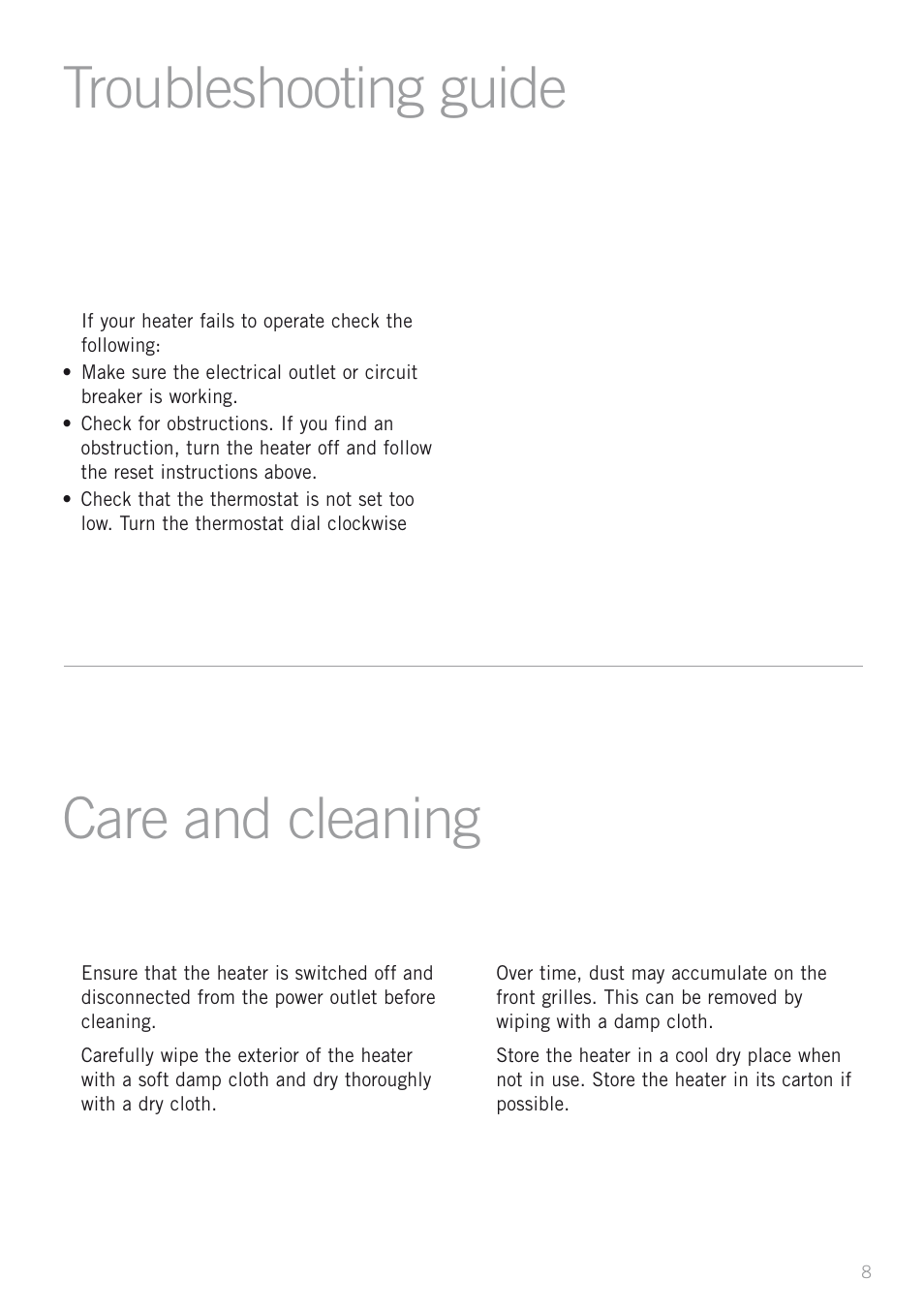 Troubleshooting guide, Care and cleaning | Sunbeam Bedding HE2300 User Manual | Page 10 / 12