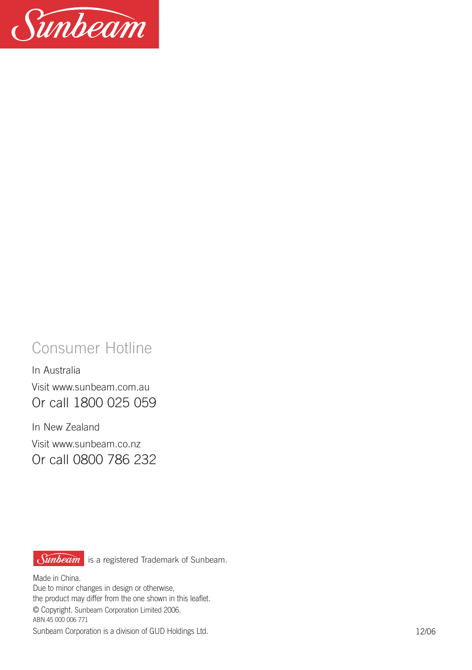 Consumer hotline, Or call 00 0 0, Or call 000 | Sunbeam Bedding HE2300 User Manual | Page 12 / 12