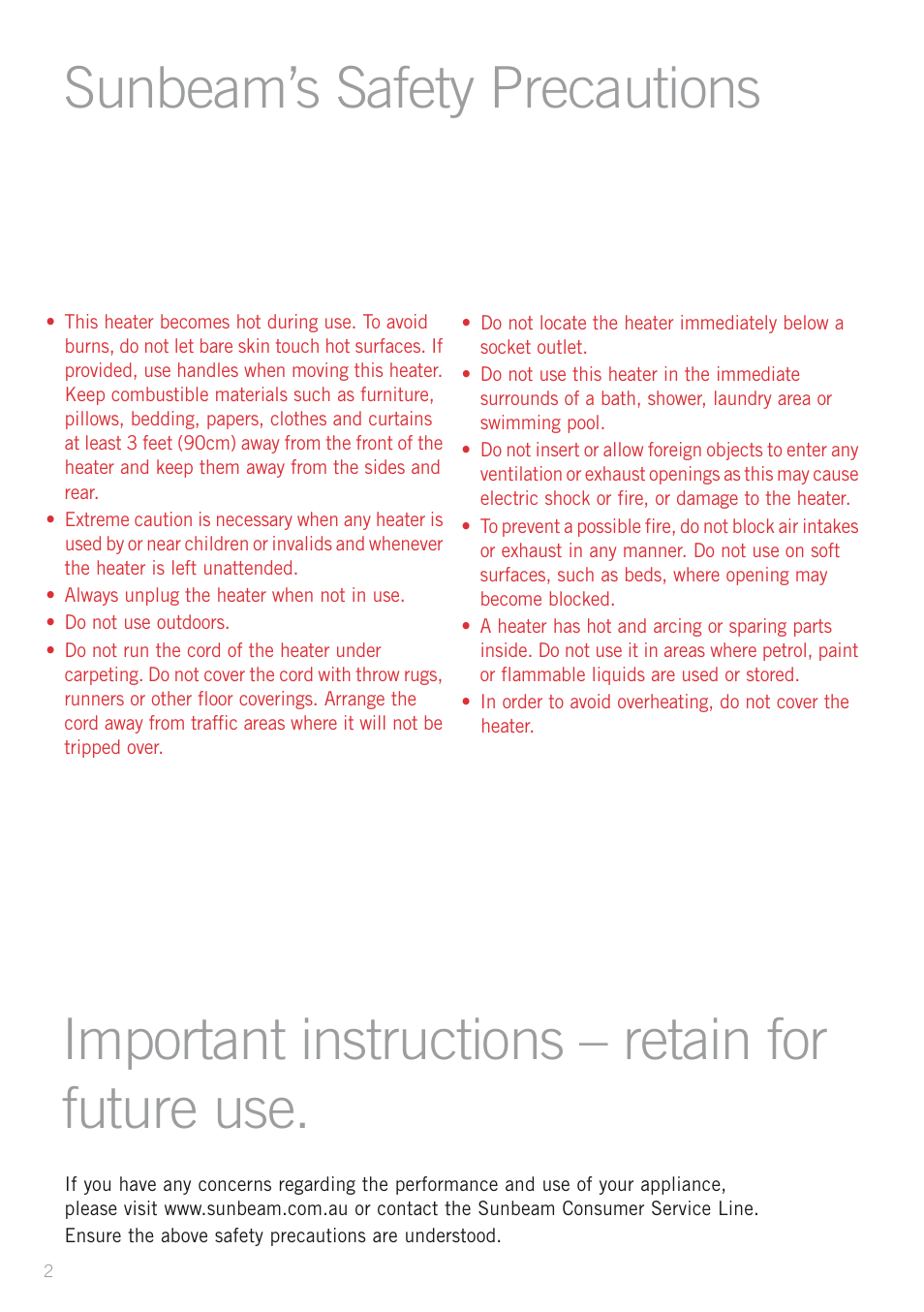 Sunbeam’s safety precautions, Important instructions – retain for future use | Sunbeam Bedding HE2300 User Manual | Page 4 / 12