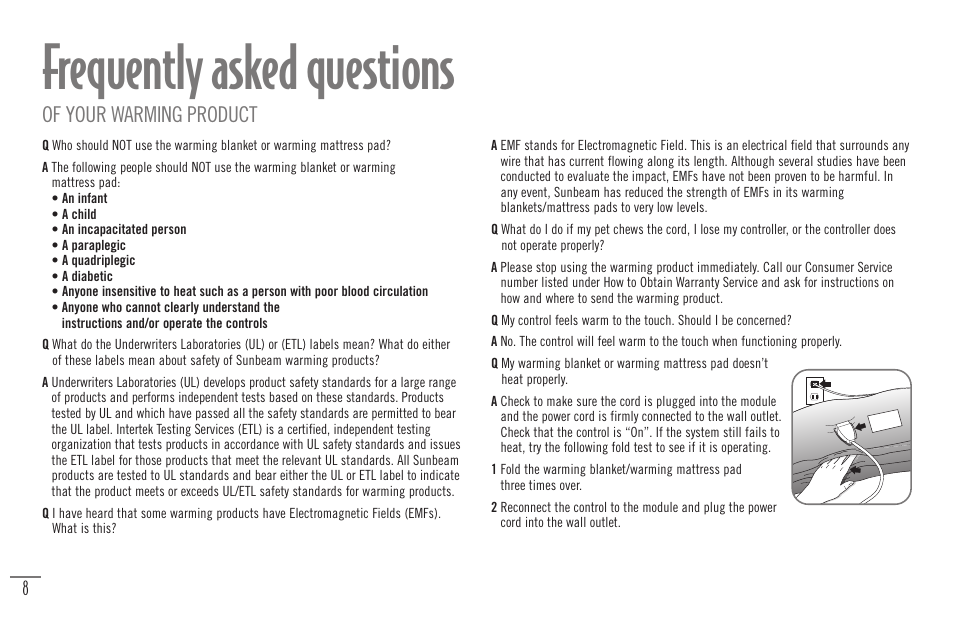 Frequently asked questions, Of your warming product | Sunbeam Bedding Remote Warming Products User Manual | Page 10 / 30