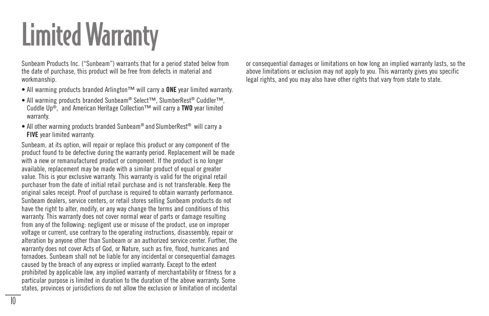 Limited warranty | Sunbeam Bedding Remote Warming Products User Manual | Page 12 / 30