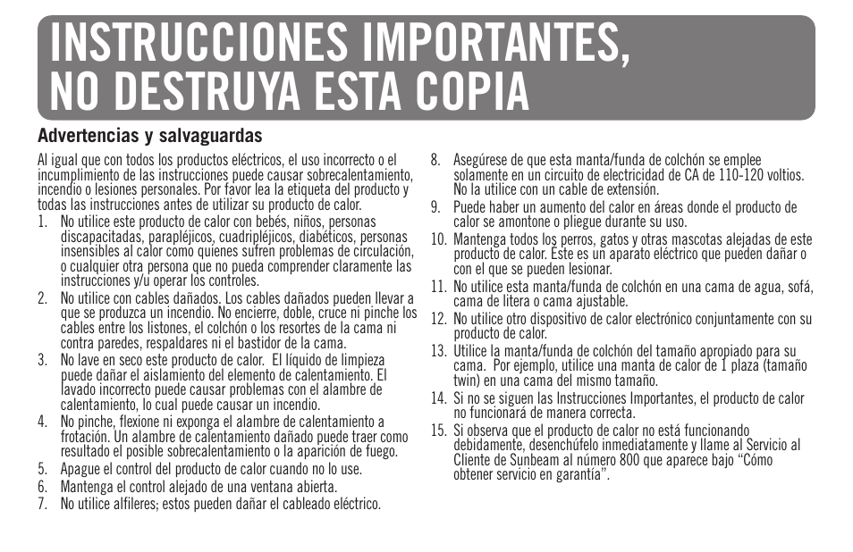 Instrucciones importantes, no destruya esta copia | Sunbeam Bedding Remote Warming Products User Manual | Page 17 / 30