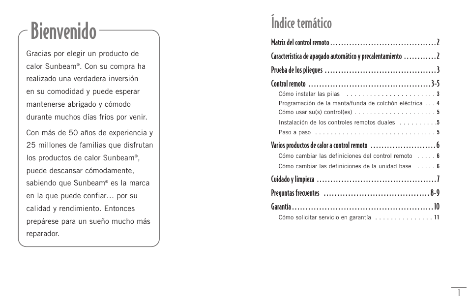 Bienvenido, Índice temático | Sunbeam Bedding Remote Warming Products User Manual | Page 18 / 30