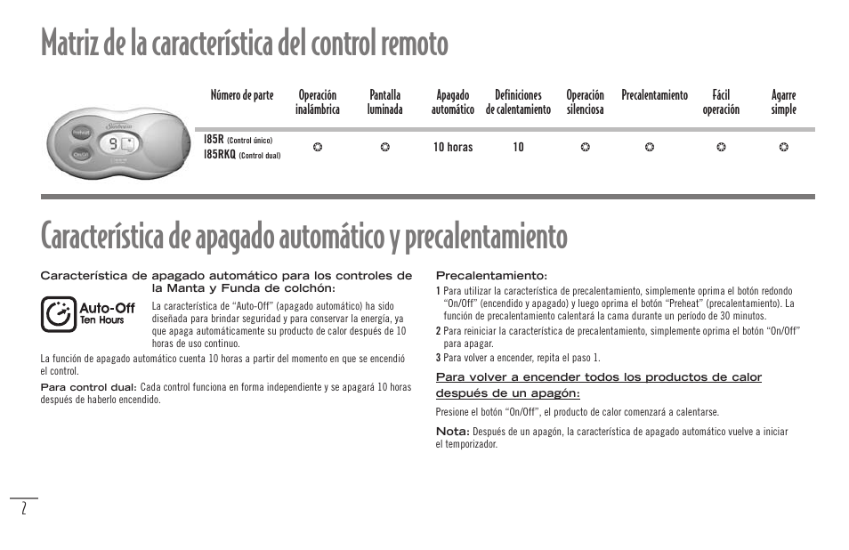 Matriz de la característica del control remoto | Sunbeam Bedding Remote Warming Products User Manual | Page 19 / 30