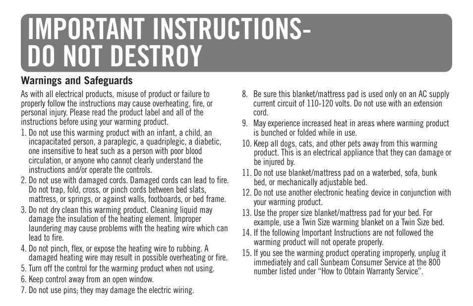 Important instructions- do not destroy | Sunbeam Bedding Remote Warming Products User Manual | Page 2 / 30
