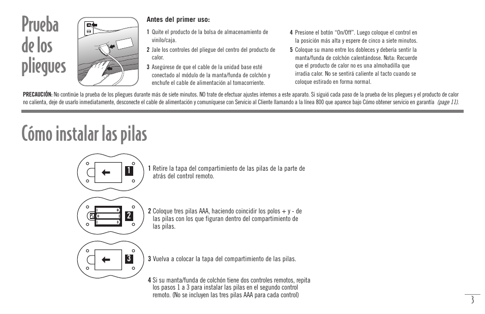 Prueba de los pliegues, Cómo instalar las pilas | Sunbeam Bedding Remote Warming Products User Manual | Page 20 / 30