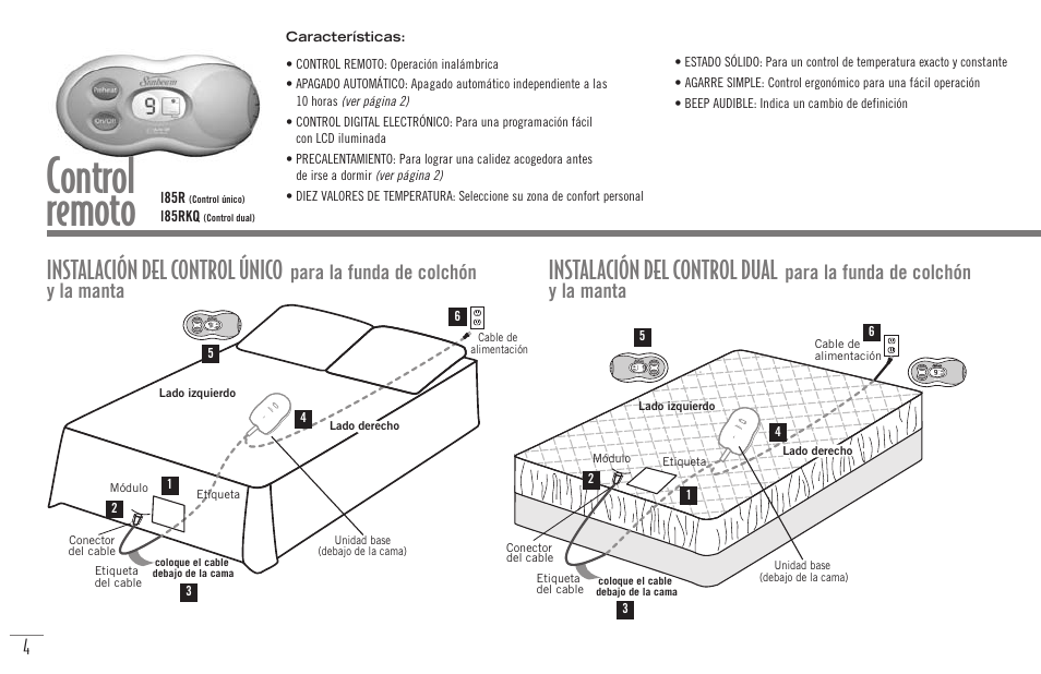 Control remoto, Instalación del control dual, Instalación del control único | Para la funda de colchón y la manta | Sunbeam Bedding Remote Warming Products User Manual | Page 21 / 30