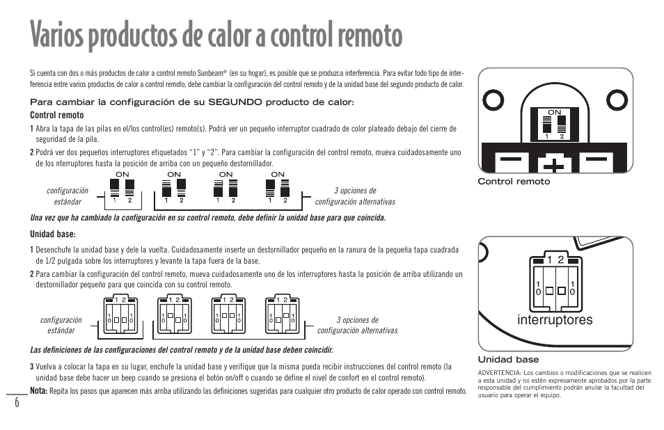 Varios productos de calor a control remoto, Interruptores | Sunbeam Bedding Remote Warming Products User Manual | Page 23 / 30
