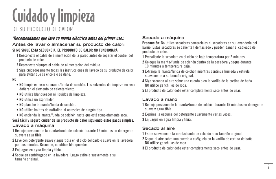 Cuidado y limpieza, De su producto de calor | Sunbeam Bedding Remote Warming Products User Manual | Page 24 / 30