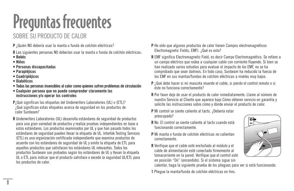 Preguntas frecuentes, Sobre su producto de calor | Sunbeam Bedding Remote Warming Products User Manual | Page 25 / 30
