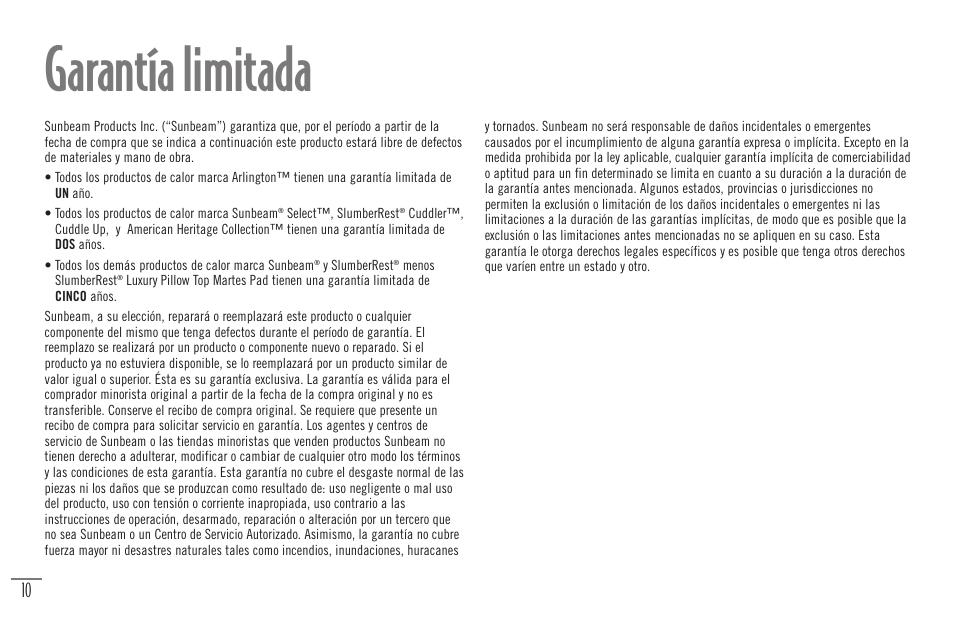 Garantía limitada | Sunbeam Bedding Remote Warming Products User Manual | Page 27 / 30