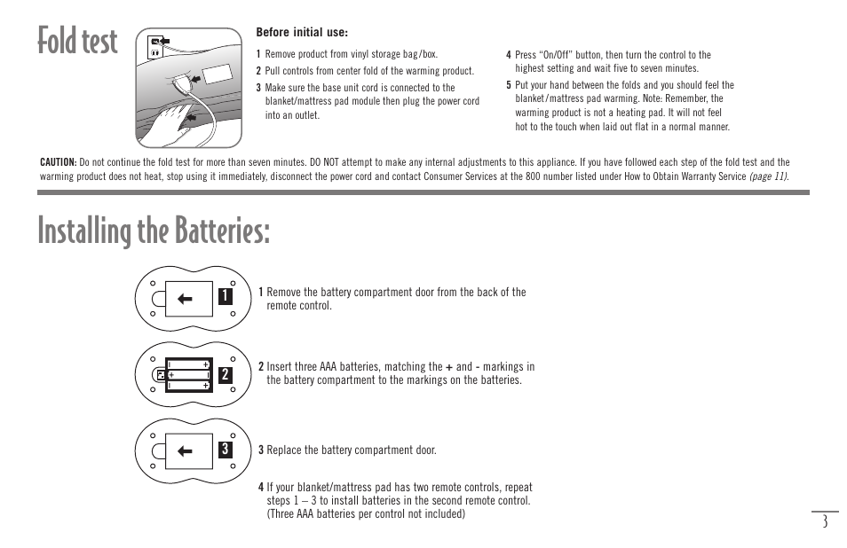 Fold test, Installing the batteries | Sunbeam Bedding Remote Warming Products User Manual | Page 5 / 30