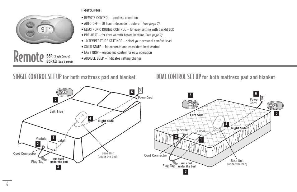 Remote, Dual control set up, Single control set up | For both mattress pad and blanket | Sunbeam Bedding Remote Warming Products User Manual | Page 6 / 30