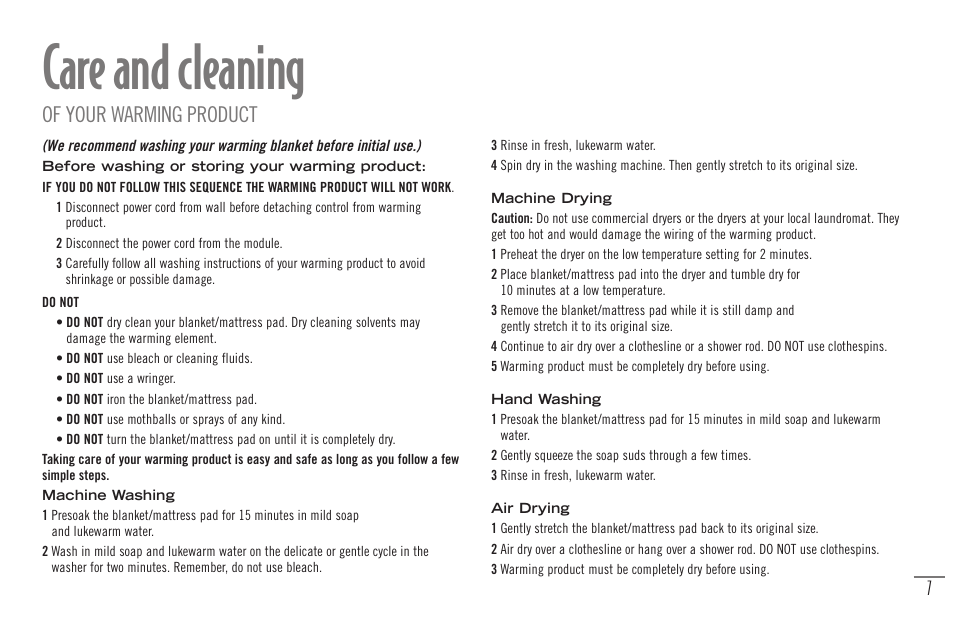 Care and cleaning, Of your warming product | Sunbeam Bedding Remote Warming Products User Manual | Page 9 / 30