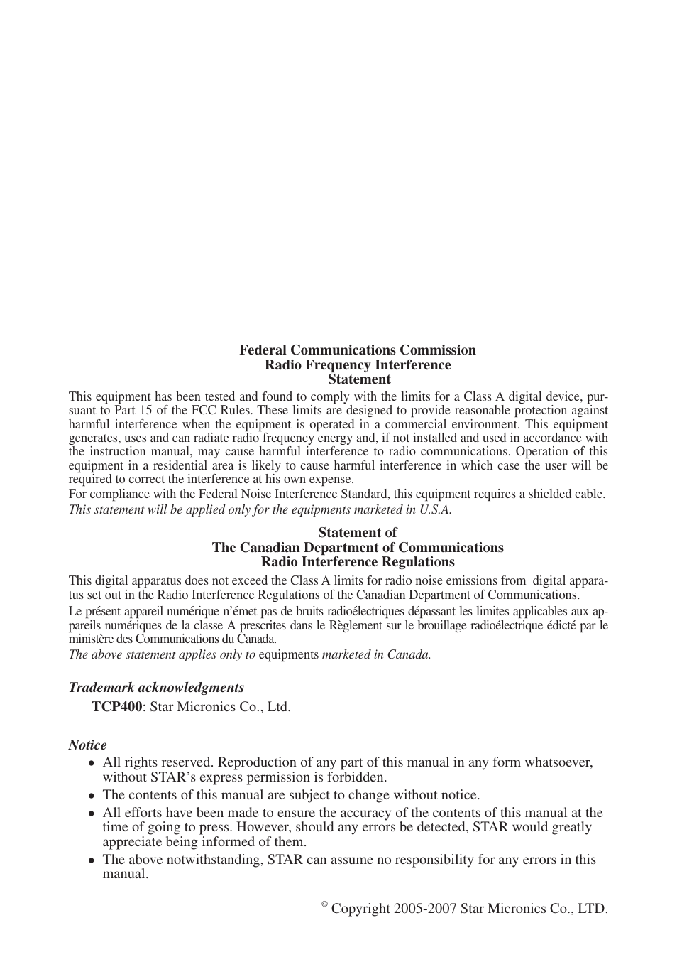 Star Micronics TCP400 Series User Manual | Page 2 / 36