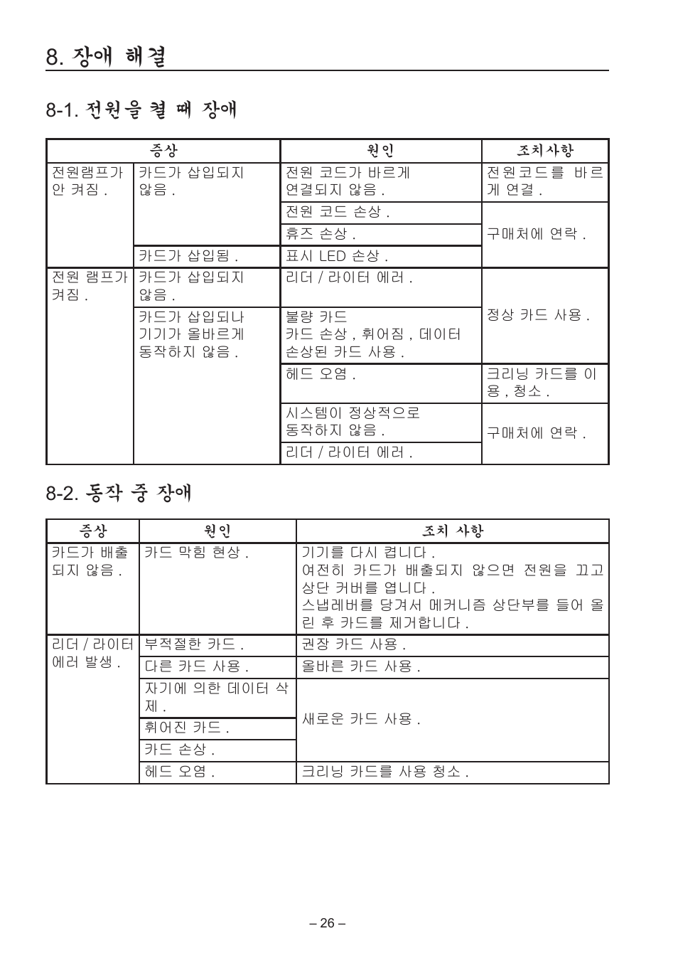 장애 해결, 1. 전원을 켤 때 장애, 2. 동작 중 장애 | Star Micronics TCP400 Series User Manual | Page 29 / 36