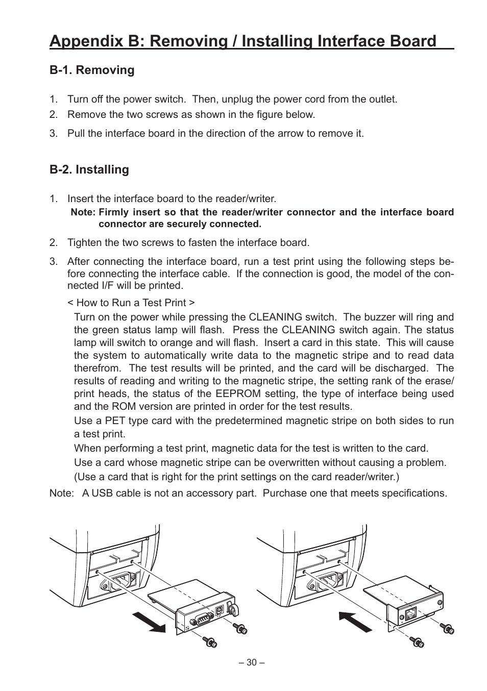 B: removing / installing interface board, Appendix b: removing / installing interface board | Star Micronics TCP400 Series User Manual | Page 33 / 36