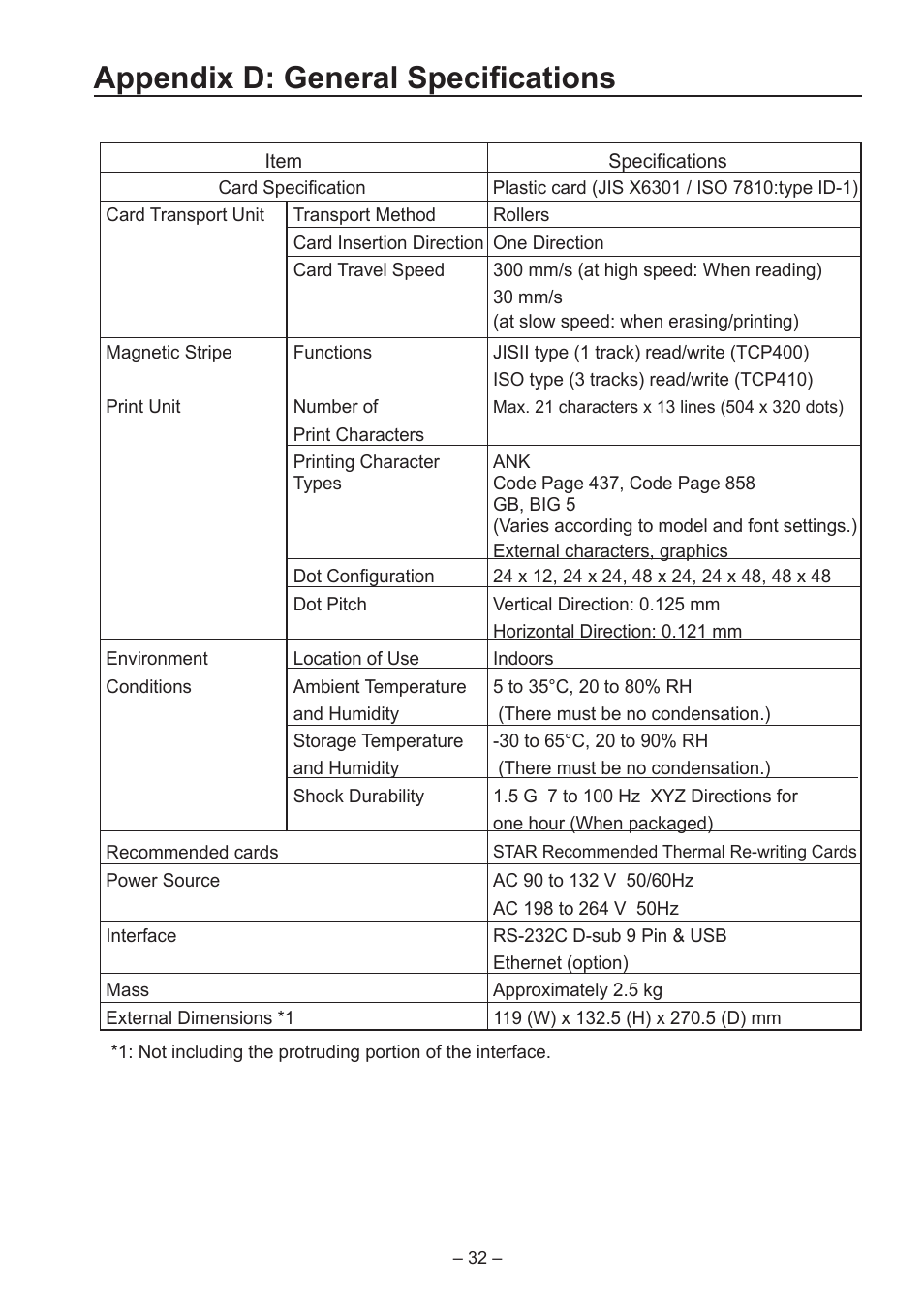 Appendix d: general specifications | Star Micronics TCP400 Series User Manual | Page 35 / 36