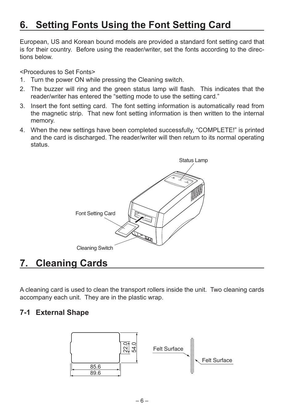 Setting fonts using the font setting card, Cleaning cards | Star Micronics TCP400 Series User Manual | Page 9 / 36