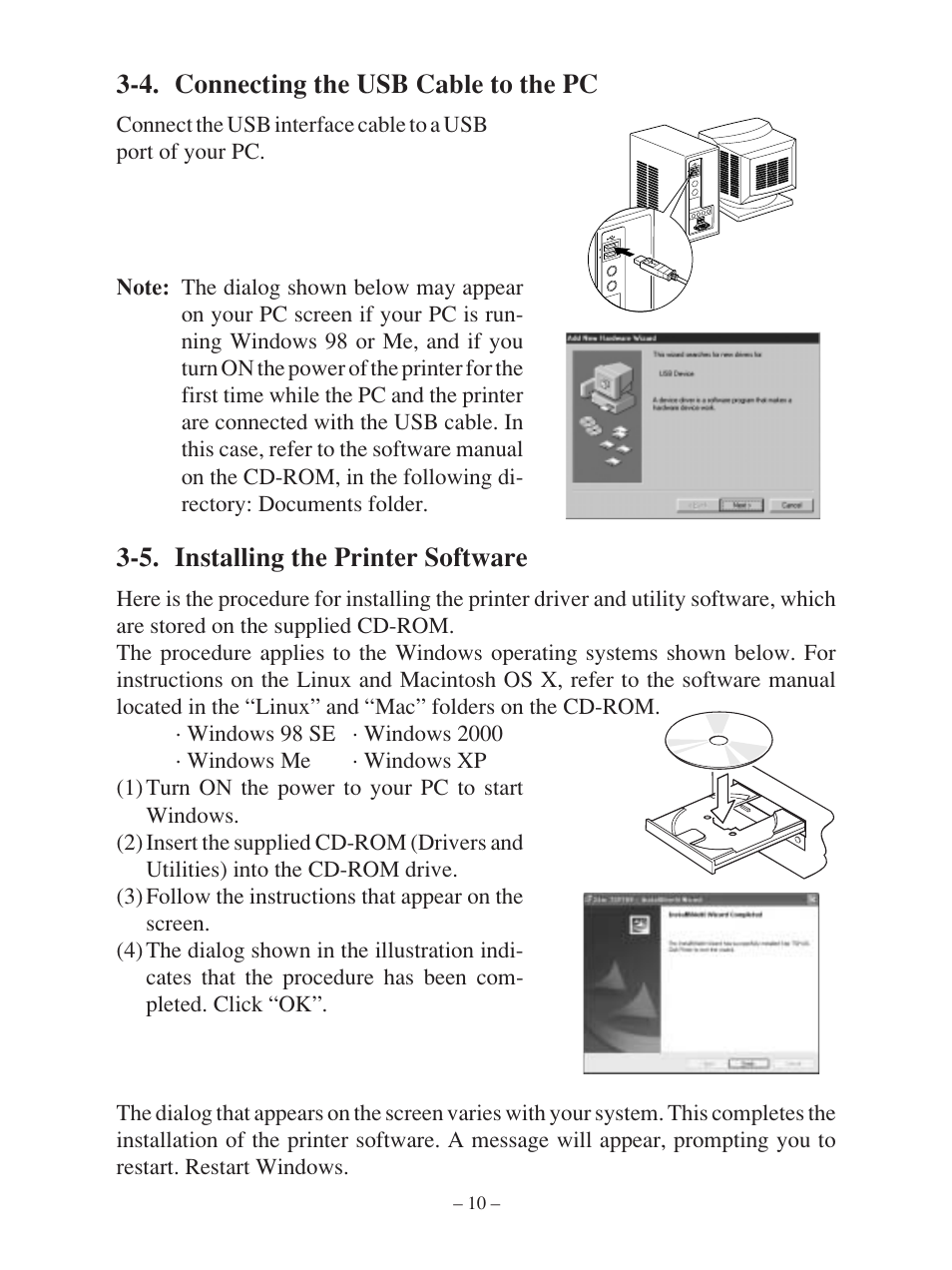 4. connecting the usb cable to the pc, 5. installing the printer software | Star Micronics FUTUREPRINT TSP100 User Manual | Page 13 / 32