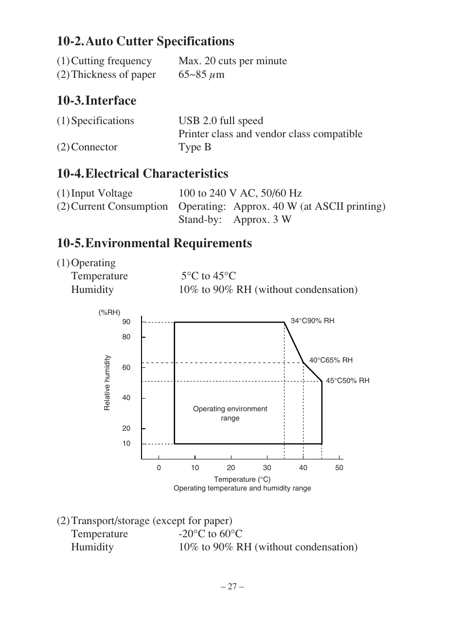 2.auto cutter specifications, 3.interface, 4.electrical characteristics | 5.environmental requirements | Star Micronics FUTUREPRINT TSP100 User Manual | Page 30 / 32