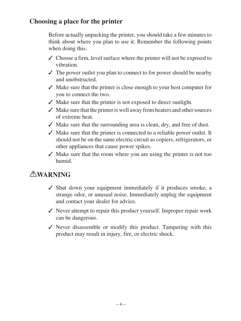 Choosing a place for the printer, Warning | Star Micronics FUTUREPRINT TSP100 User Manual | Page 7 / 32