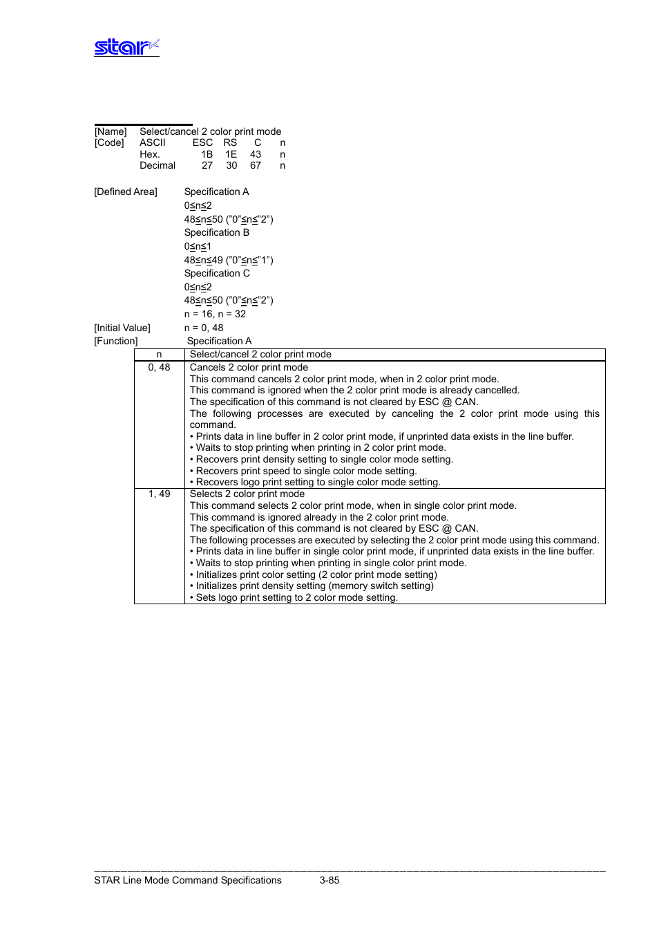 Esc rs c n | Star Micronics Line Thermal Printer User Manual | Page 101 / 181
