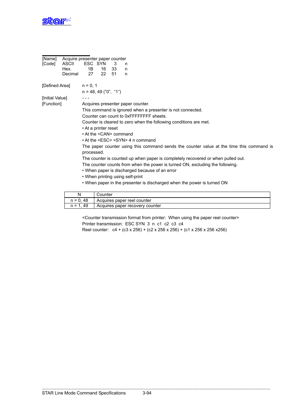 Esc syn 3 n | Star Micronics Line Thermal Printer User Manual | Page 110 / 181