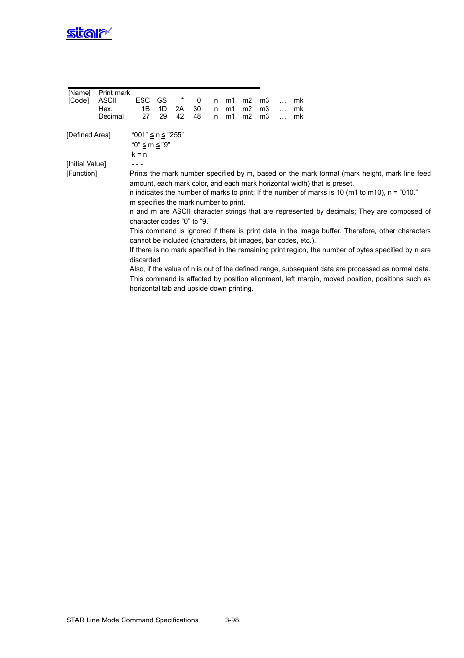 Esc gs * 0 n m1 m2 m3 … mk | Star Micronics Line Thermal Printer User Manual | Page 114 / 181