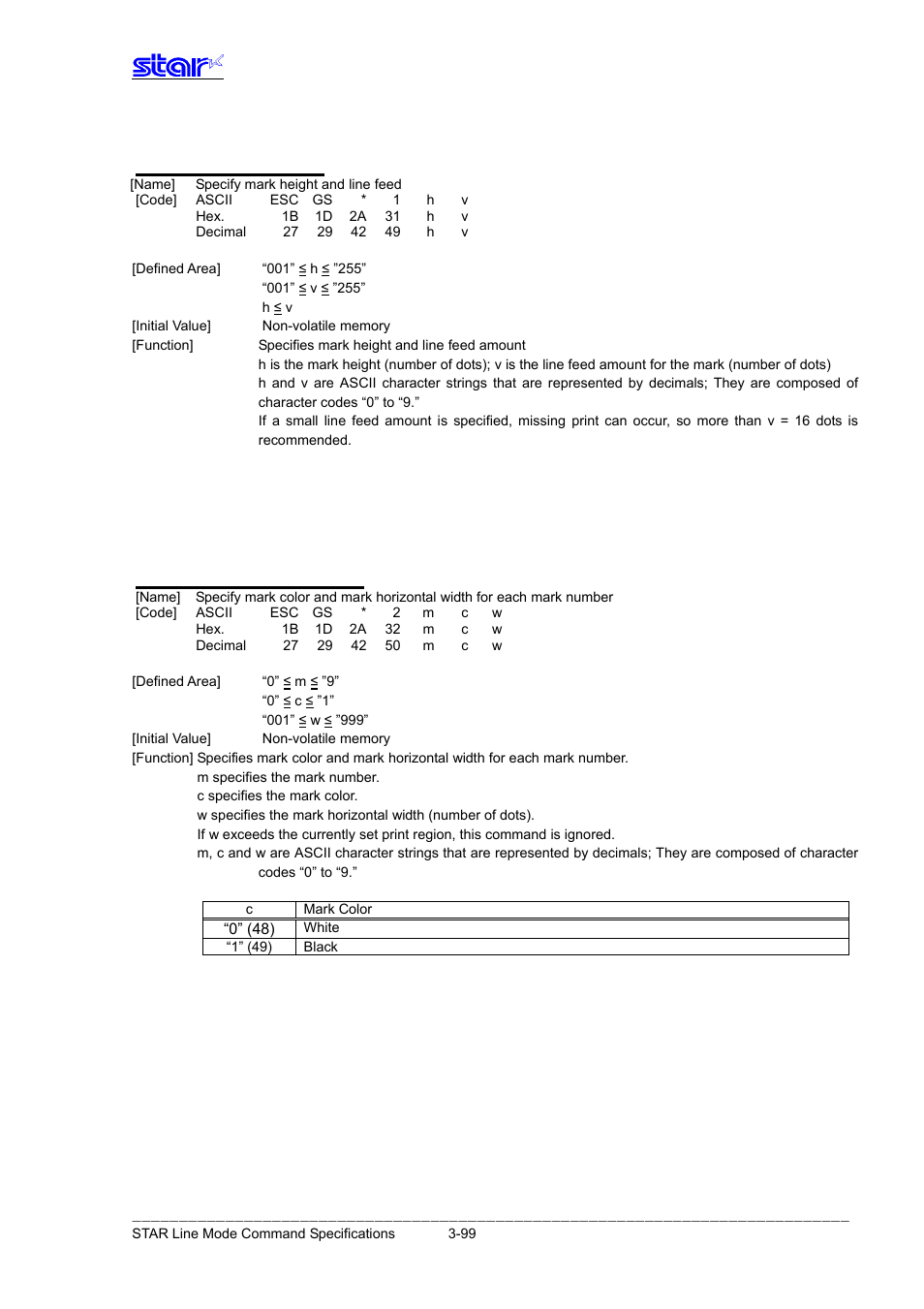Esc gs * 1 h v, Esc gs * 2 m c w | Star Micronics Line Thermal Printer User Manual | Page 115 / 181