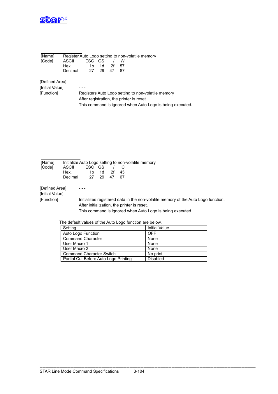Esc gs / w, Esc gs / c | Star Micronics Line Thermal Printer User Manual | Page 120 / 181