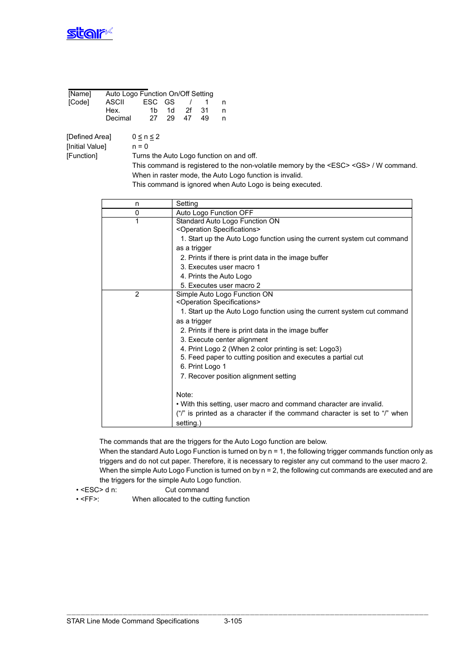 Esc gs / 1 n | Star Micronics Line Thermal Printer User Manual | Page 121 / 181